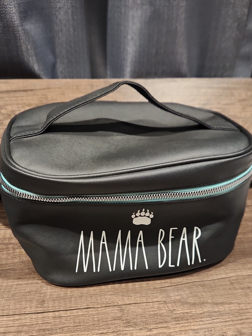 Rae Dunn Black 'MAMA BEAR' Cosmetic Travel Case with Teal Zipper